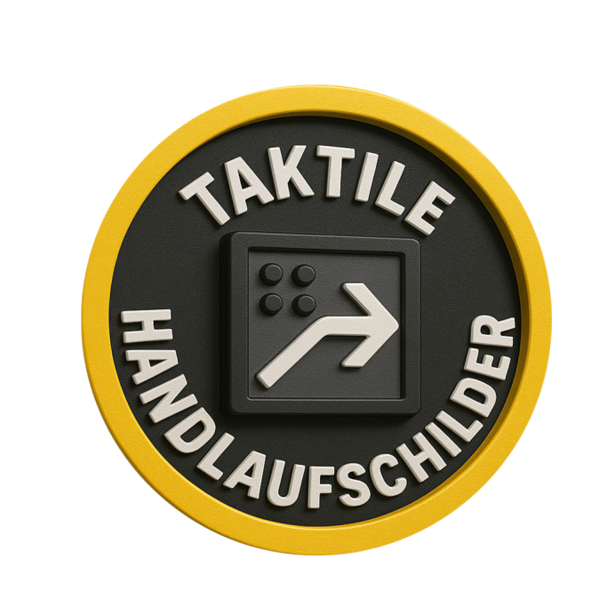 Taktile Handlaufschilder mit Pfeil nach rechts, schwarze und gelbe Gestaltung.