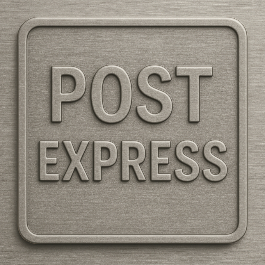 Braunes Schild mit der Aufschrift "POST EXPRESS" in prägnanten Buchstaben.