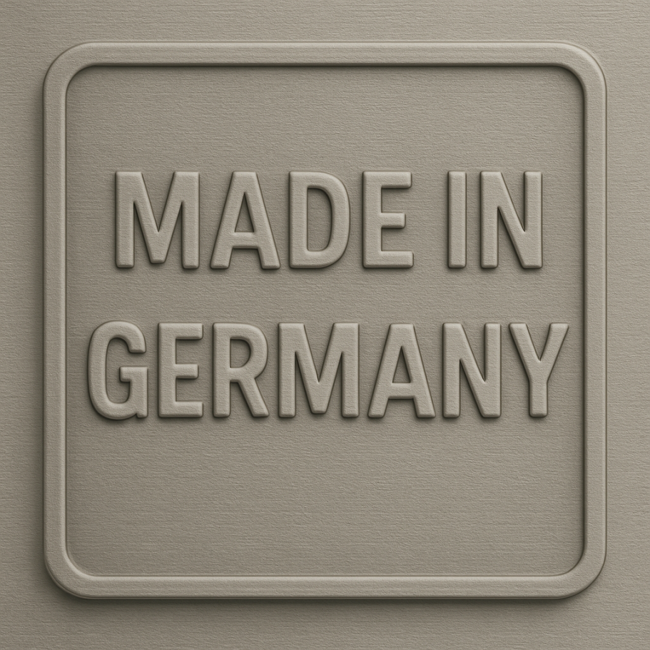 Text in relief: "MADE IN GERMANY" auf beige Hintergrund.