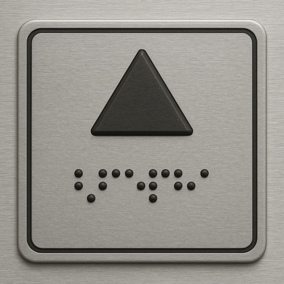 Dreieckssymbol in Schwarz auf grauer Grundplatte, darunter Brailleschrift.